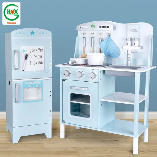 Top 2024 Selling Pink and Blue Wooden Children's Kitchen Toy with DIY Refrigerator Cabinet