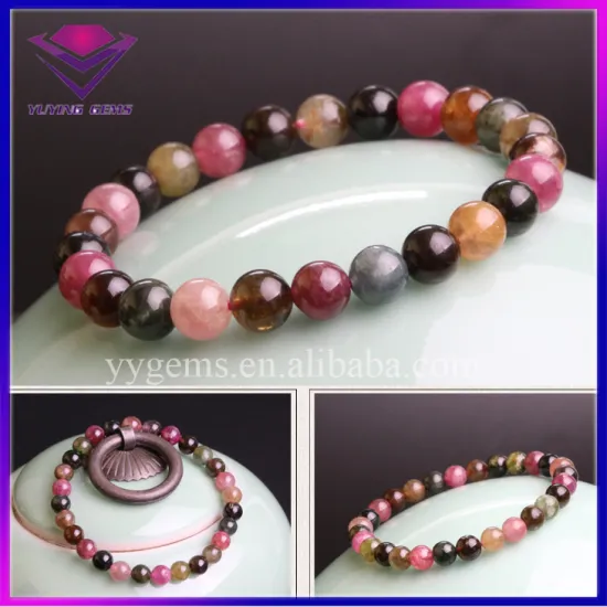 Brazil 8MM Natural Mixed Color Tourmaline Stone Beads Lady Bracelet