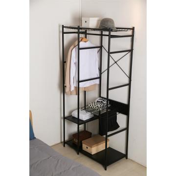 clothes rack with black metal display