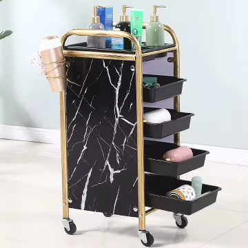 Luxury stainless steel metal gold plated salon barber trolley with directional wheels for barber shop