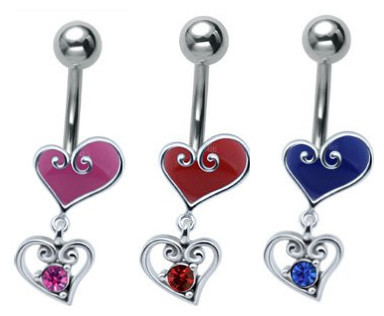 Jeweled Silver Steel Heart Drop Belly Bar