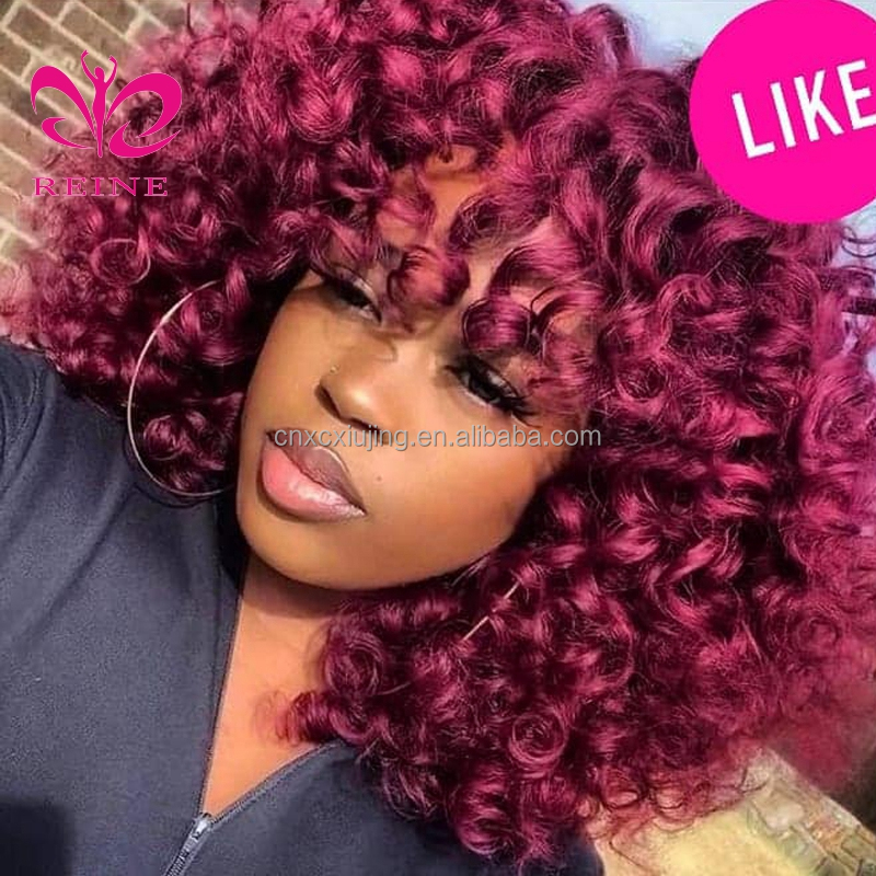 99J Short Bob Curly Wig for Women Burgundy Colored Bouncy Curly Human Hair Wigs with Bangs Full Machine Made Brazilian Remy Hair