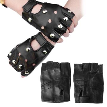 Men Unisex Artificial Leather Half-Finger Gloves Theatrical Punk Hip-Hop Driving Motorcycle Performance Party Fingerless Mittens