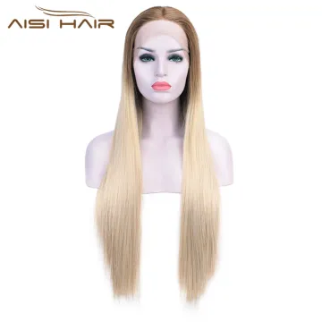 Aisi Hair Ombre Blonde Lace Front Long Wigs Heat Resistant Synthetic Fiber Long Silk Straight Lace Front Wigs For Women