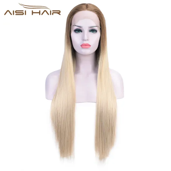 Aisi Hair Ombre Blonde Lace Front Long Wigs Heat Resistant Synthetic Fiber Long Silk Straight Lace Front Wigs For Women