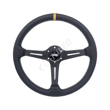 JDM 380mm/15inch Black Spoke Leather Steering Wheel with White Stitching