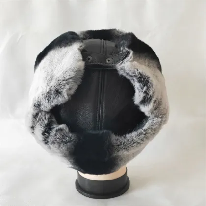 Rabbit Fur Aviator Outdoor Trapper Trooper Pilot Ski Hat Lambskin Leather Trapper Hat with Two-Tone Rabbit Fur Trim