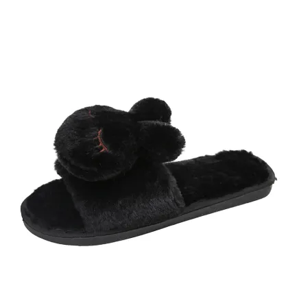 Women fur slippers Female indoor home lovely cartoon rabbit fur slippers Non-slip warm plush slides slippers