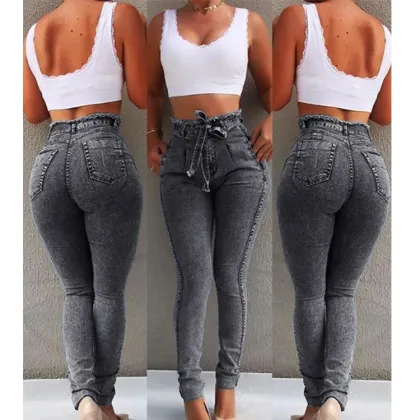 Stretch Fit Denim Lace-up Raw Edge Mid Waisted Jeans for Women