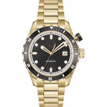 HB1514180 Men Full Gold Ion-Plated Kinetic Automatic Watch, Embossed Black Dive Dial Rotatable Black Scale Bezel Luminous Index