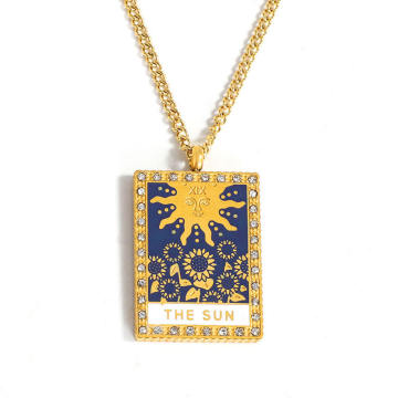 Kalung Loket Kad Enamel Tarot Custom Borong - Kalis Air, Hypoallergenic, 18K Gold Plated Stainless Steel
