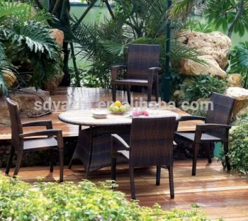 synthetic rattan furniture dining set includes six chairs and dining table with teak wood table top