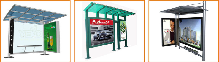 Outdoor Advertising Bus Stop Station with Solar Panel Ceiling and LED Strips Light Box