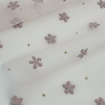 Schaumstoff-Polyester-Tüllstoff mit rosa Blumen und goldenen Punkten