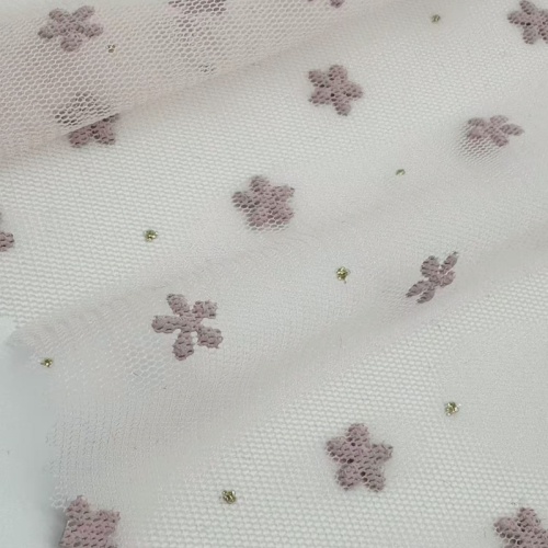 Tessuto in tulle di poliestere con fiori rosa in schiuma e pois dorati