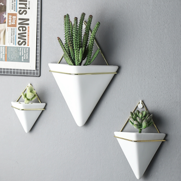 Modern Nordic Wall-Mounted Triangle Ceramic Flower Pot Set with Self-Absorbent Vase for Succulents and Plants