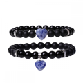 Peads redondos de piedras preciosas con pulseras de encanto cardíaco Black Matte Onyx Stone Stretch Pulsera de piedra natural Cristal de cristal 2pc
