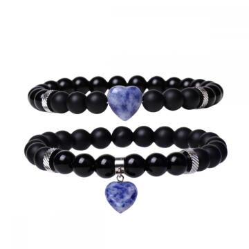 Gemstone Round Beads With Heart Charm Bracelets Black Matte Onyx Stone Stretch Bracelet Natural Stone Crystal Bangle 2PC