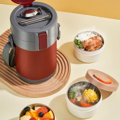 Colored Stainless Steel Tiered Food Container with Thermos - Kids Bento Lunch Box