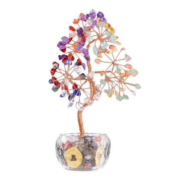 Raw 7 Chakra Stone Raw Stone Copper Lucky & Life Of Tree Gold Coin Crytal Base Ornament for Home Decor