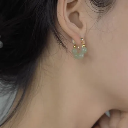 Wholesale Genuine Hetian Green Jade Hoop Earrings in Sterling Silver - Non-Pierced Jewelry for Women