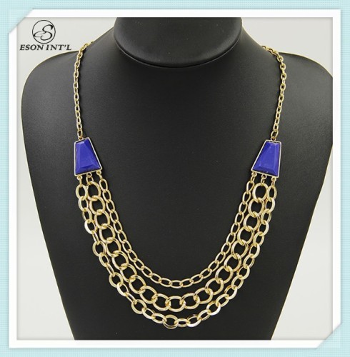 2015 Hotsale Blue Irregular Acrylic Statement Necklace, Three Layer Gold Chain Choker Necklace