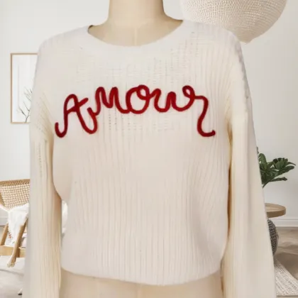 Soft Ivory Knitted Sweater with Beaded Embroidery