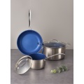 Inside blue stainless steel kitchenware cookware set