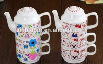 hot-selling lovely cartoon hello kitty ceramic 3-piece set ceramic stacked kettle and tea bowl mug with handle