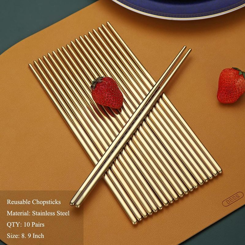 10 Pairs Reusable Chopsticks, Titanium Gold Plating Stainless Steel Metal Chop Sticks