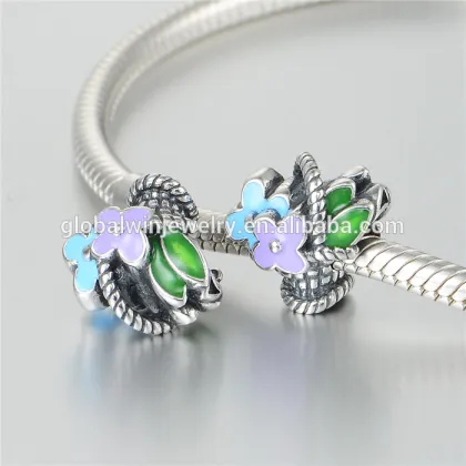 Elegant Flower Basket Sterling Silver Charm Enamel Bracelet Charm