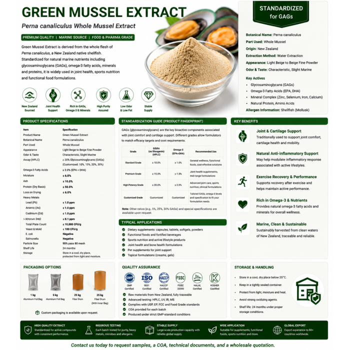 Ingrediente puro de mejillón verde en polvo