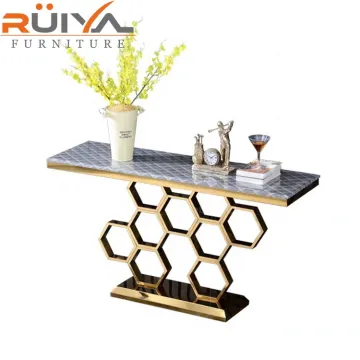 Luxury Italian Lobby Hallway Gold Stainless Steel Marble Top Console Tables