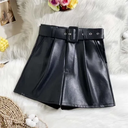 2021 New Pu Leather Shorts Women Summer Shorts All-Match Sashes Wide Leg Short Ladies Sexy Leather Shorts
