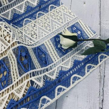 Baby Blue White Polyester Chemical Lace Embroidery Fabric