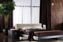 Modern Melamine Bedroom Bed with Beige Fabric Cushion