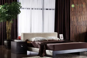 Modern Melamine Bedroom Bed with Beige Fabric Cushion