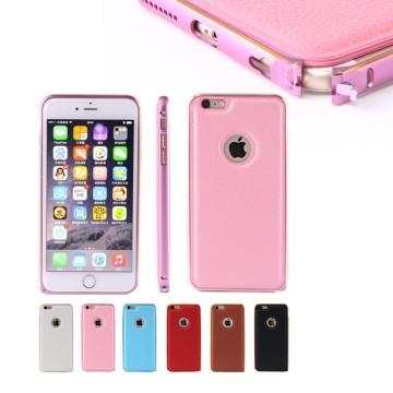 Manufacturer aluminum bumper + PU leather back cover cellphone case for iPhone 6s plus