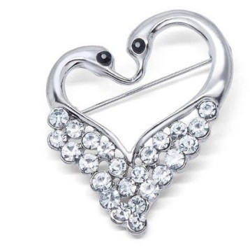 Silver Rhinestone Crystal Heart Two Swan Brooch Fq-P-3217
