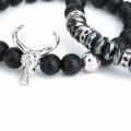 Punk CZ Bull Head Skull Men Bracelet Fashion ox Matte Onyx Stone Beads Charm Bracelets Bangles Macrame Strand Jewelry