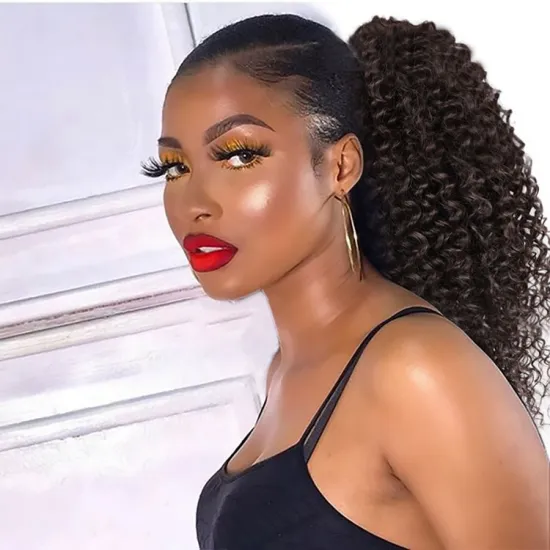 Vigorous Wholesale Top Selling Heat Resistant Fiber Brown Kinky Curly Machine Made Drawstring Synthetic Ponytail Hair Extension