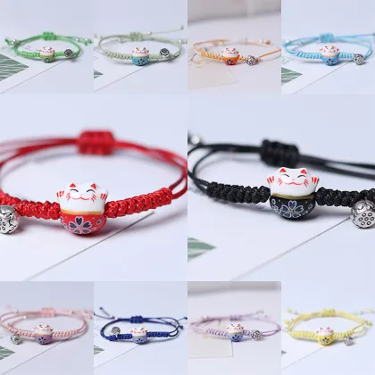 Chinese Knot Bracelet with Ceramic Lucky Cat - Red Rope Bracelet for Women