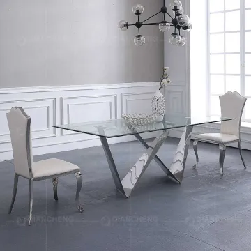 10 Seater Stainless Steel Kitchen Table with Glass Top for Dining Room Furniture