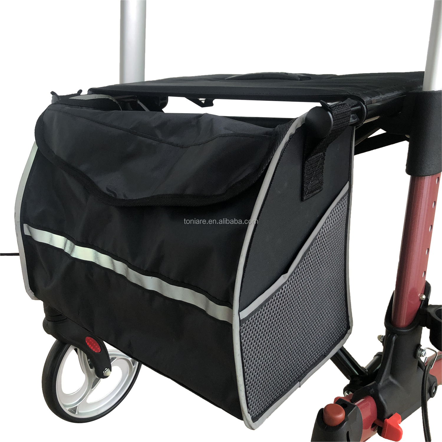 European Style Aluminum Upright Rollator Portable 4 Wheels Walker with Forearm and Shopping Bag for Elderly TRA03C Red