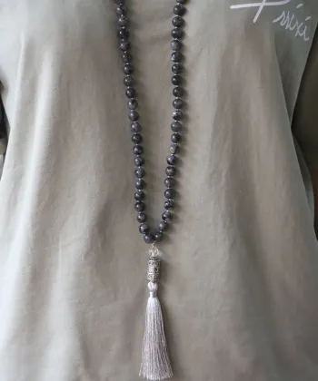 EDOTHALIA 8MM Black Labradorite Bead Mala Necklace, With Six Ture Mantra Words Pendant Necklace