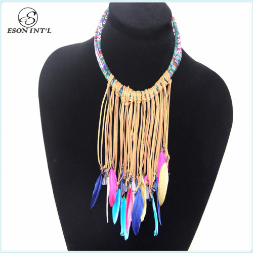 polyester woven necklaces jewelry 2015 with feather pendant