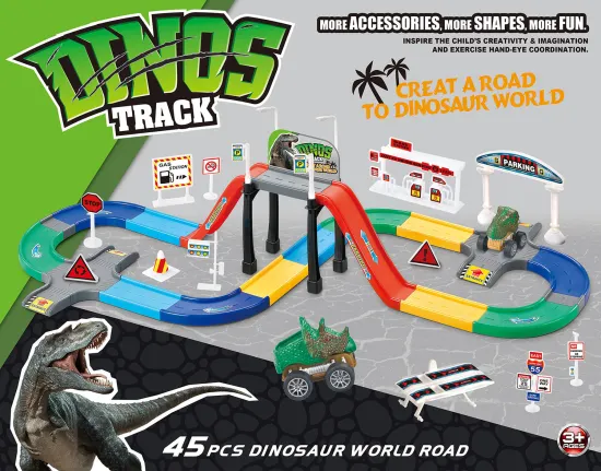 45pcs Educational Railway, Garage, City Slot Toy Cars & Dinosaur Parking Lot Toy Set
