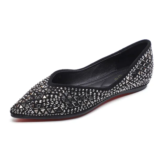Stylish Women's Shoes: Flat Bottomed Bean Pumps with Soft Soles, Shallow Mouth, Pointed Toe, Rhinestones, Sequins, and Large Size Options Including Size 43