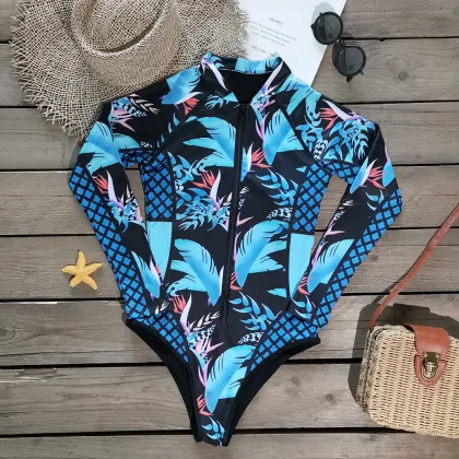 Women's High Cut Zipper Swimsuit - Floral Printed Slim Fit Surfwear