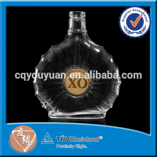 luxury flat round shqaped 750 ml clear glass cognac xo wine glass bottle
